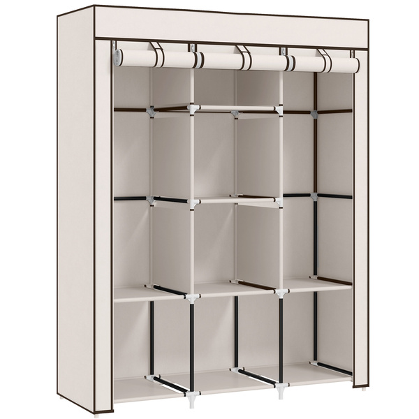 HOMCOM Fabric Wardrobe, with Rails and Shelves - Cream White