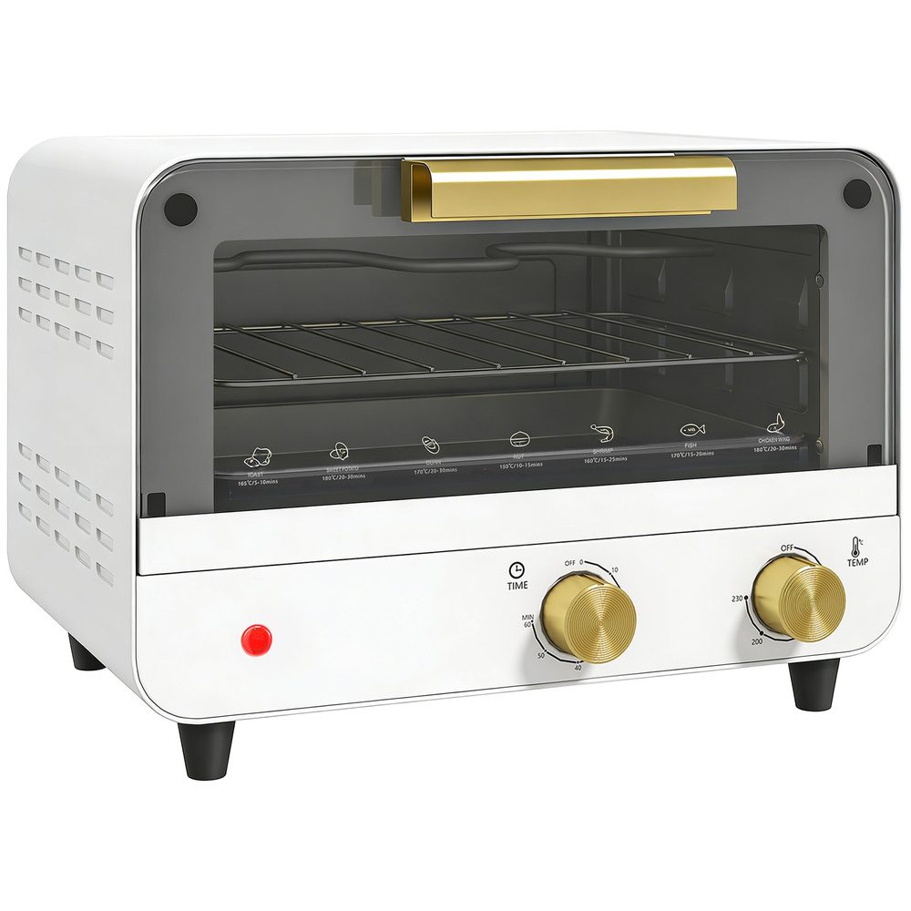 HOMCOM Small Toaster Oven, 12L Multifunction Mini Countertop Oven with Glass Door, Adjustable Temperature and Timer, White