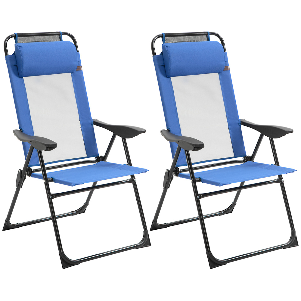 Outsunny Folding Garden Chairs Set of 2, 5-Position Recliner Camping Chair with High Back, All Weather Texteline Seat, Portable Outdoor Dining Chairs with Headrests for Patio, Picnic, Blue