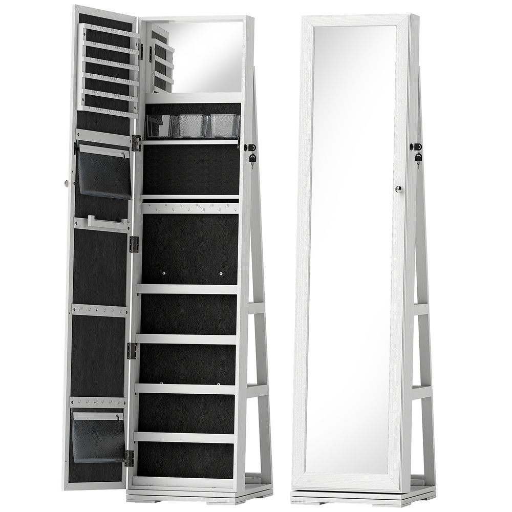 HOMCOM 360° Swivel Jewellery Cabinet, Free Standing Full Length Mirror with Storage, Lockable Jewellery Organiser with Built-in Makeup Mirror and Storage Shelves for Bedroom, White