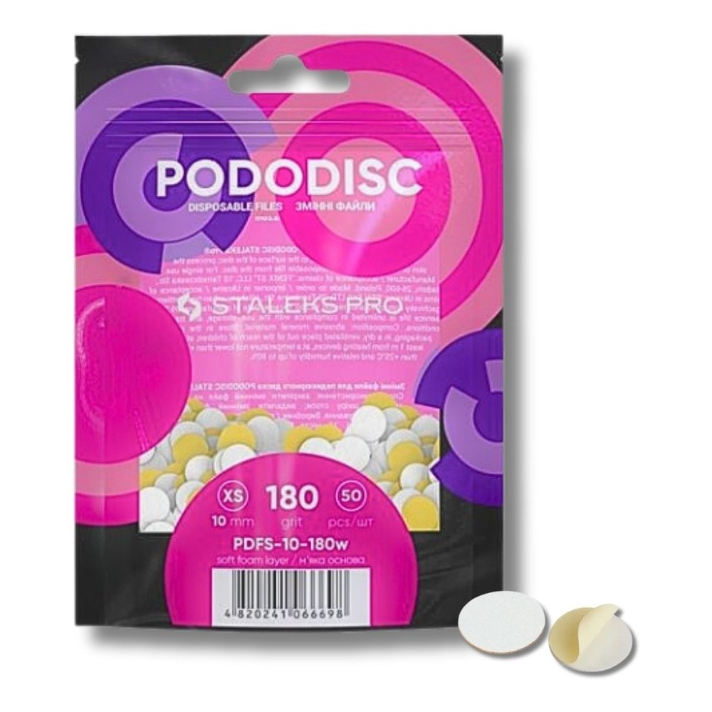 Staleks Pro Expert Pododisc Disposable Pedicure White Files Discs on Soft Foam Layer Size XS 10mm Grit 180 50pcs