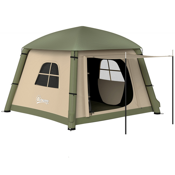 Outsunny Inflatable Camping Tent w/ Hand Pump, Easy Setup 1/2 Person Blow Up Tent Waterproof 190T Taffeta w/ Mesh Windows, Doors and Carry Bag, Brown
