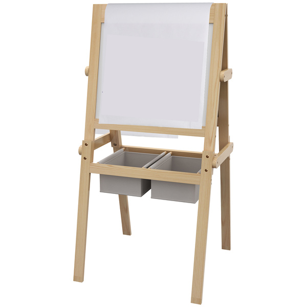 AIYAPLAY Kids Easel with Paper Roll, 3 in 1 Art Easel for Toddlers, Double-Sided Kids Whiteboard Blackboard with Storage Baskets for Ages 3-6 Years - Natural Wood Finish
