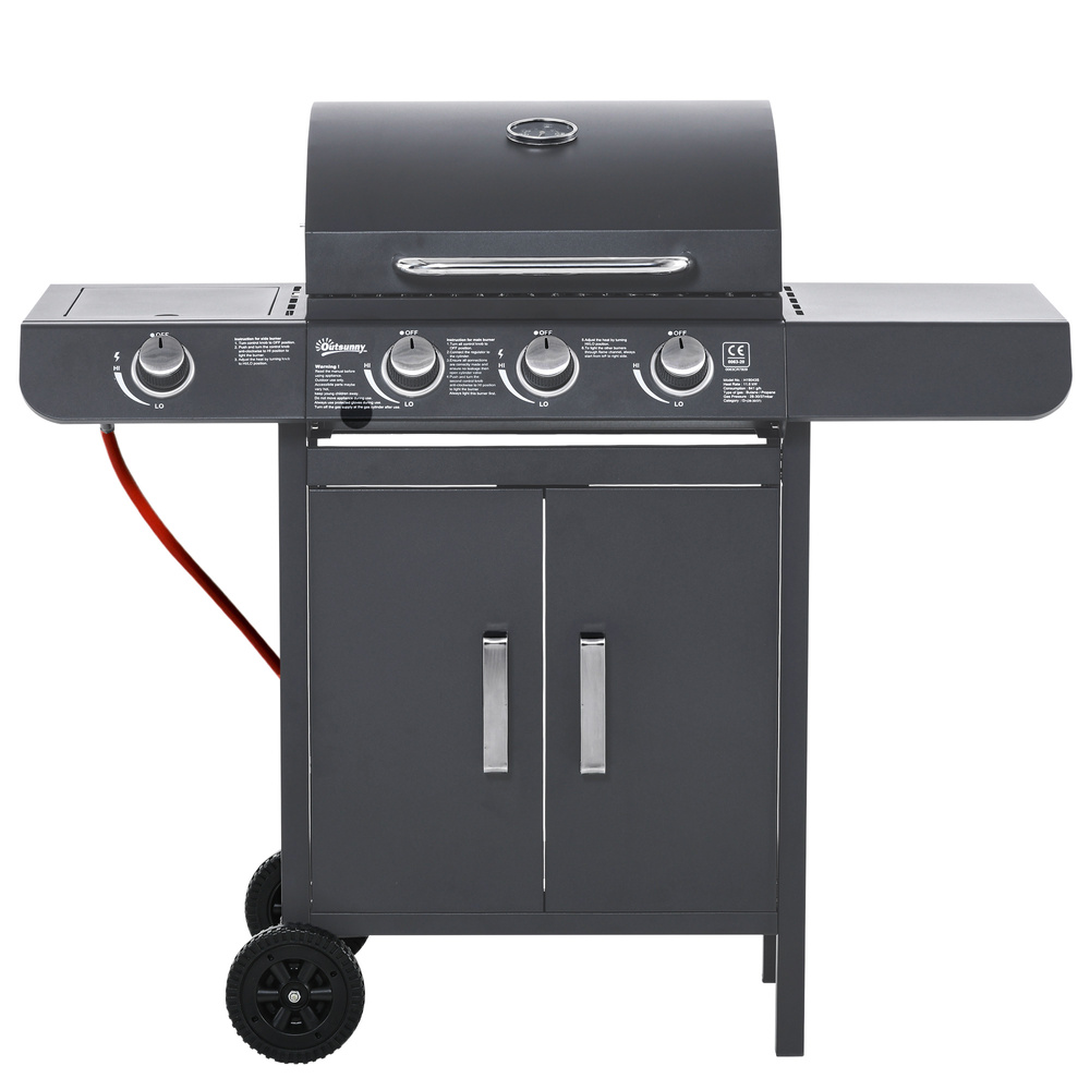 Outsunny 3+1 Burner Gas BBQ Grill, Outdoor Barbecue Trolley with Wheels, Warming Rack, Side Shelves, Cabinet, Thermometer for Garden, Party, Camping, 110L x 50W x 100Hcm, Grey