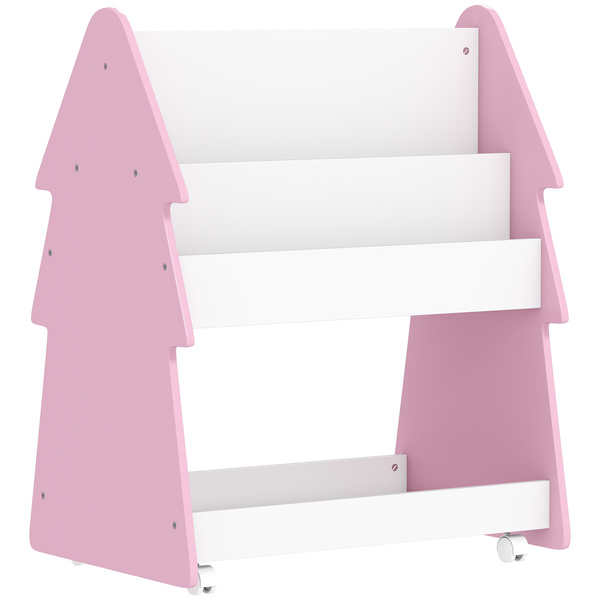 AIYAPLAY Kids Bookshelf with Toy Storage, Double-Sided Bookcase with Wheels, 3 Tier Kids Book Rack for Bedroom, Pink