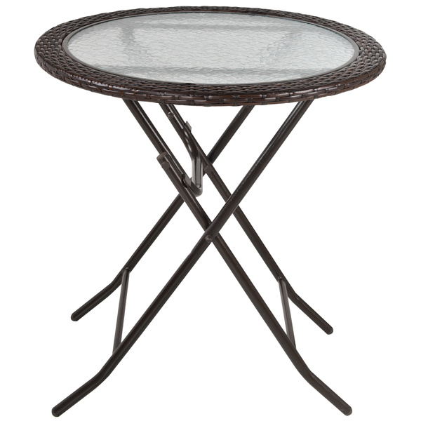 Outsunny Folding Rattan Garden Dining Table, 68 cm Round Rattan Garden Table with Water Ripple Tempered Glass Top, Wicker Edging  and Steel Frame for Outdoor, Patio, Brown