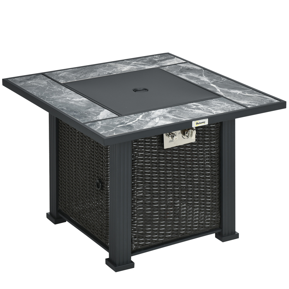 Outsunny Outdoor PE Rattan Gas Fire Pit Table, Patio Square Propane Heater with Marble Desktop, Rain Cover, Glass Windscreen, and Glass Stones, 50,000 BTU, Black