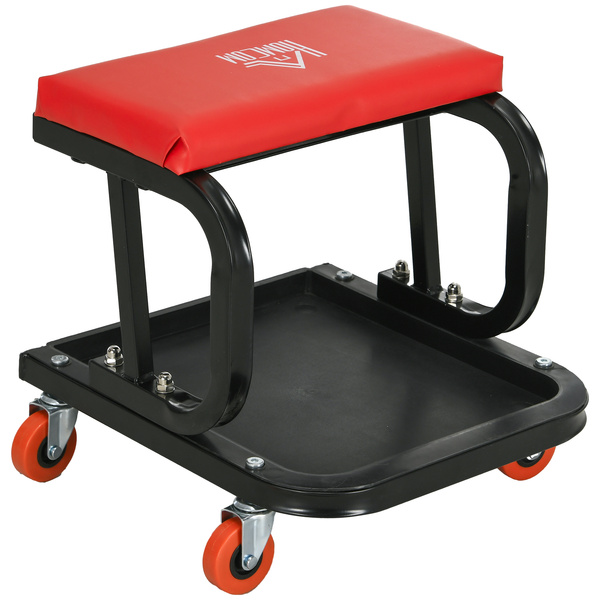 HOMCOM Workshop Stool, Rolling Machine Stool with 360° Swivel, Padded Seat, Tool Tray, Red