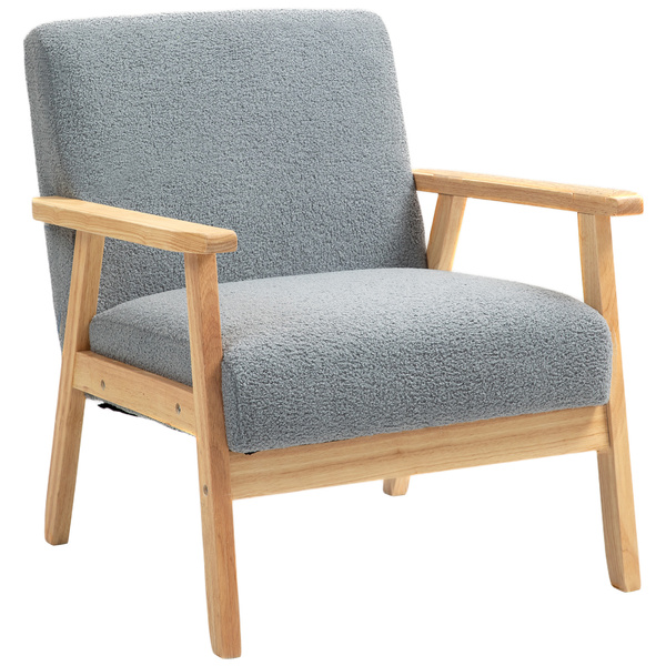 HOMCOM Modern Armchair, Cashmere Upholstered Sofa with Solid Wood Legs and Wide Seat, Accent Chair for Living Room Bedroom Office, Grey