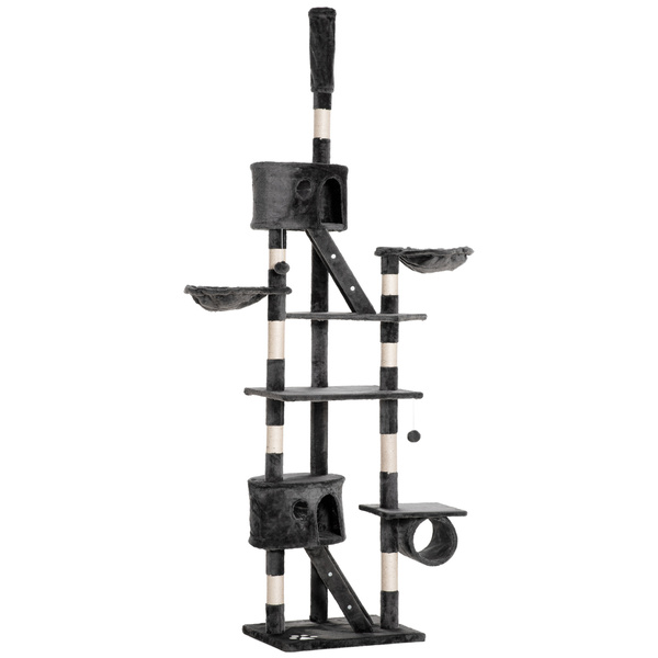 PawHut Floor-to-Ceiling Cat Tree for Indoor Cats, 240-260cm Adjustable Cat Tree - Dark Grey