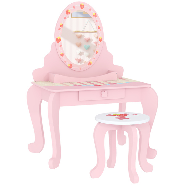 AIYAPLAY Kids Dressing Table Set, Vanity Table with Stool, Mirror, Drawer, Desktop, Storage, Strawberry-Theme, Pink