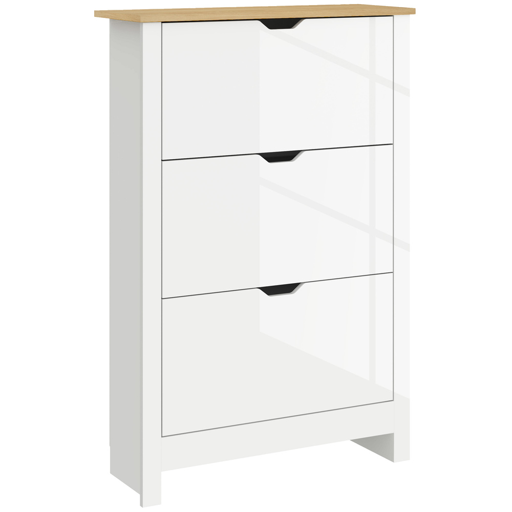 HOMCOM Slim Shoe Cabinet, Narrow Shoe Cupboard with 3 Flip Drawers, Adjustable Shelves for 18 Pairs of Shoes, High Gloss White