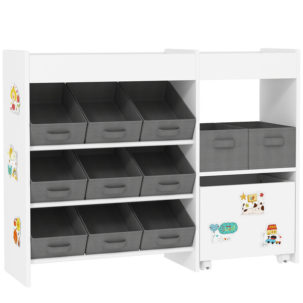 AIYAPLAY Kids Toy Storage Unit with 11 Bins, Cabinet, Top Shelves, 3 Stickers, for Nursery, Playroom, White