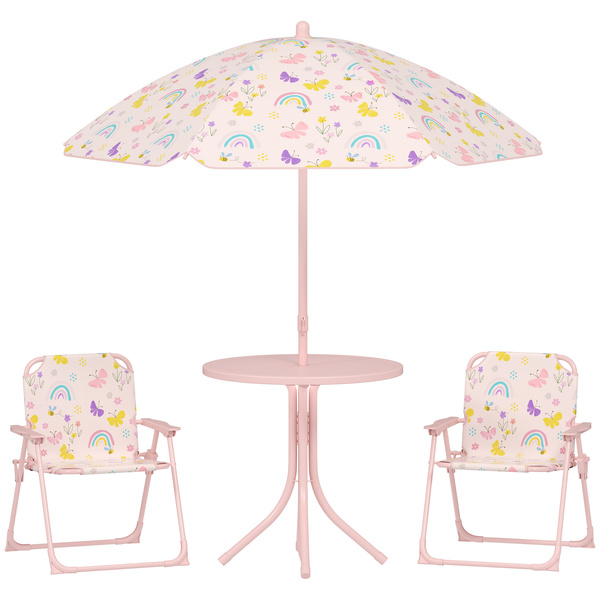 AIYAPLAY 4-Piece Kids Garden Table and Chair Set with Adjustable Parasol, Folding Chairs, Table, Rainbow Pattern, Pink
