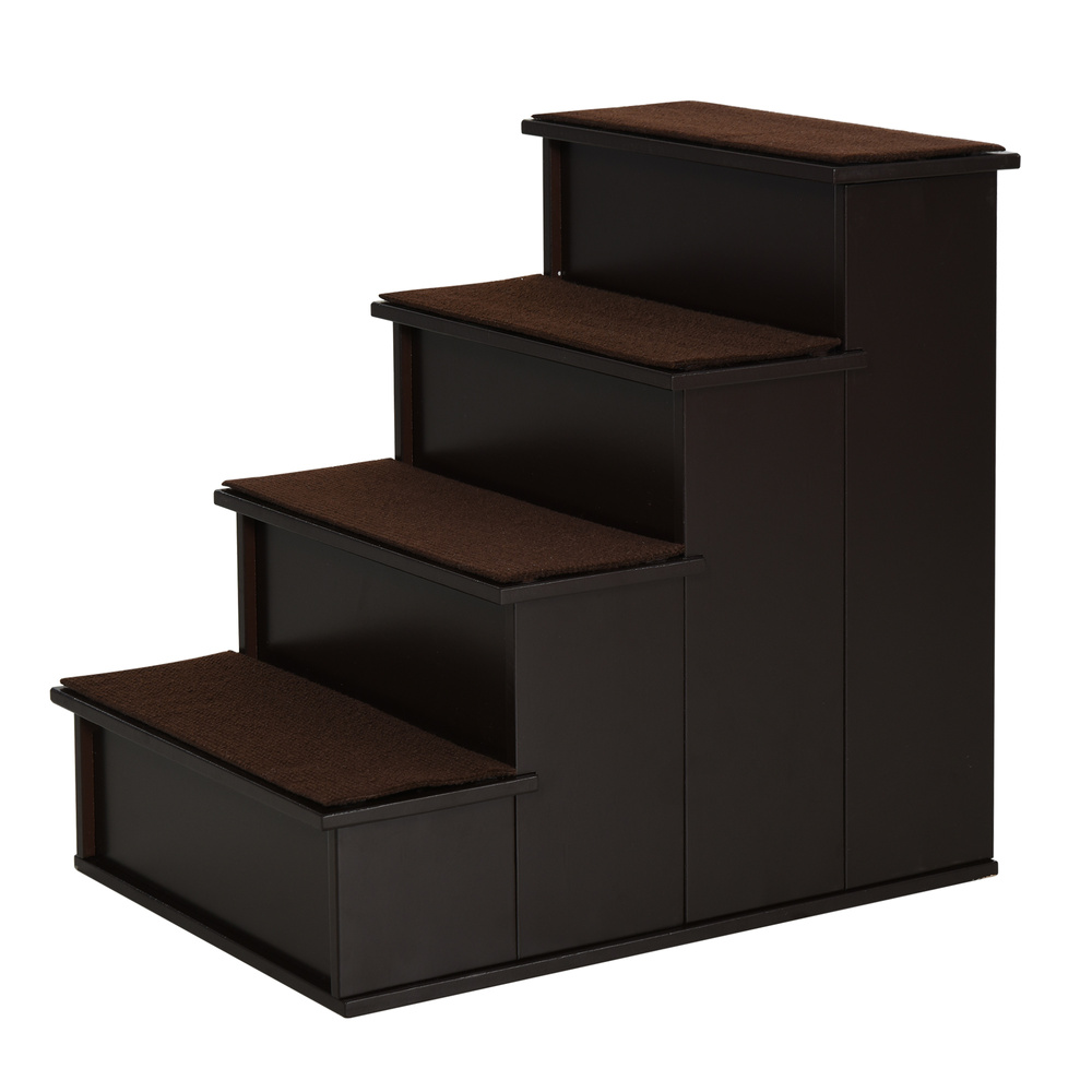 PawHut 4 Step Dog Steps for Bed, Wooden Dog Steps for Sofa, Pet Stairs for Bed Couch with Non-Slip Carpet for Cats and Puppies, 40 x 59 x 54.2 cm, Dark brown