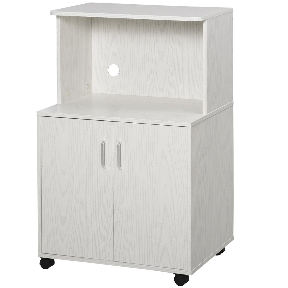 HOMCOM Kitchen Storage Unit, Modern Microwave Stand Trolley Cart, Sideboard with Cabinet,  Locking Wheels, Shelf for Living Room, Dining Room, White