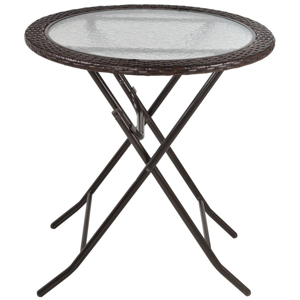 Outsunny Folding Rattan Garden Dining Table, 68 cm Round Rattan Garden Table with Water Ripple Tempered Glass Top, Wicker Edging  and Steel Frame for Outdoor, Patio, Brown