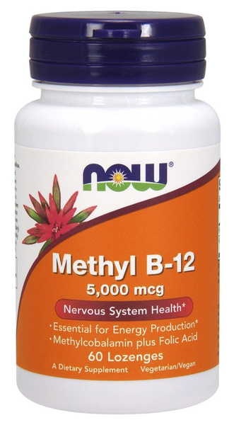 NOW Foods Methyl B-12 with Folic Acid 5000mcg Vitamin B12 in Lozenges For Energy and Nervous System 60 Lozenges