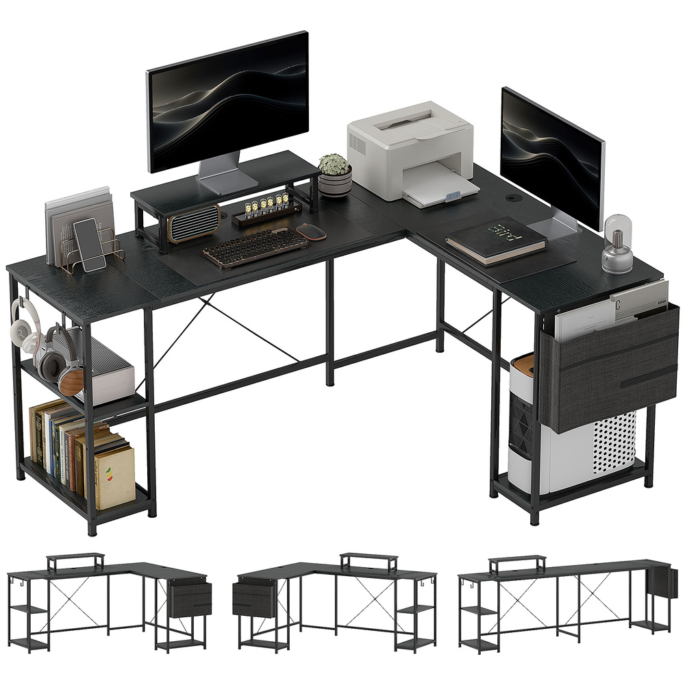 HOMCOM 168cm Reversible L Shaped Desk, Industrial Corner Computer Desk with Adjustable Shelf and Storage Bag, 240cm 2 Person PC Table with Monitor Stand, Black