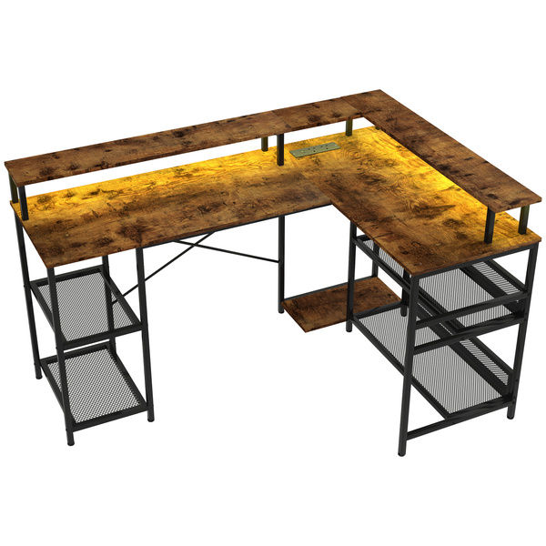 HOMCOM LED Light 'L' Computer Desk, with Shelves - Brown