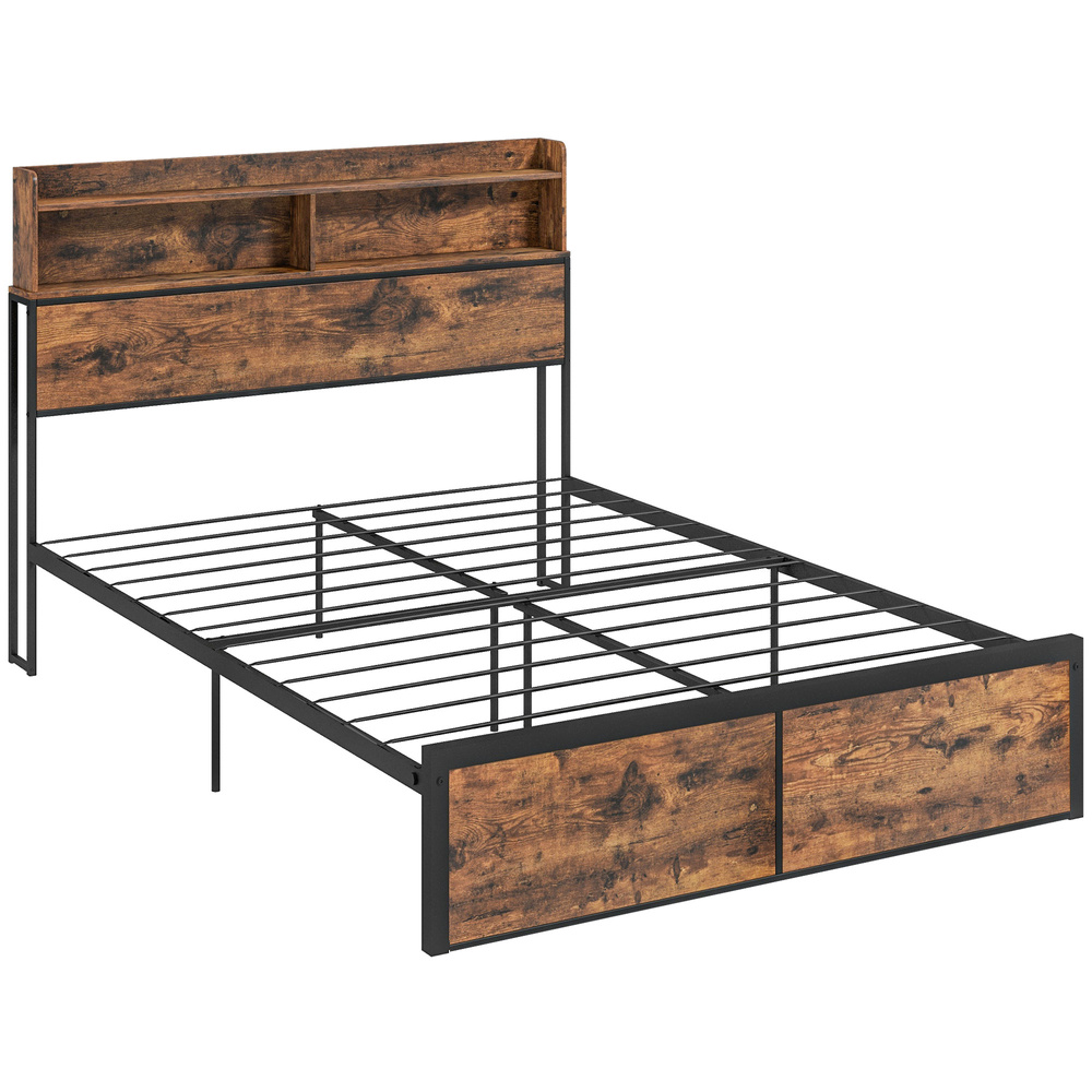HOMCOM Industrial Double Bed Frame with Storage Headboard & Under-Bed Space – Robust Steel Base, 4.8 ft Double Bed, Rustic Brown