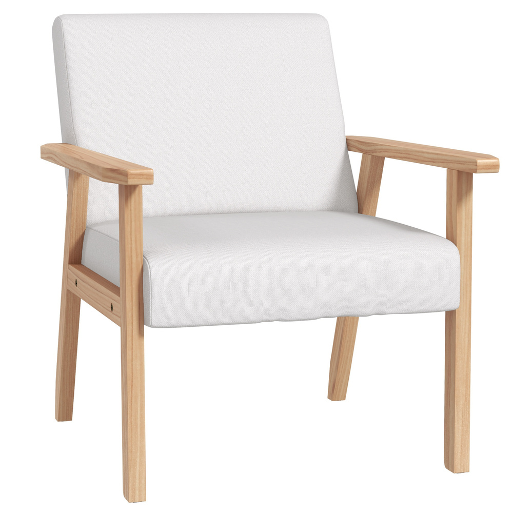 HOMCOM Modern Armchair, Linen Upholstered Sofa with Solid Wood Legs and Wide Seat, Accent Chair for Living Room Bedroom Office, Cream White