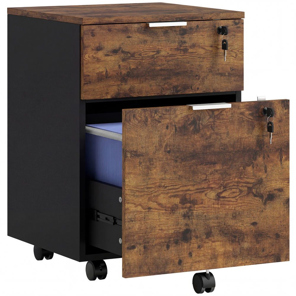 HOMCOM Two-Drawer Lockable Filing Cabinet - Black and Rustic Brown
