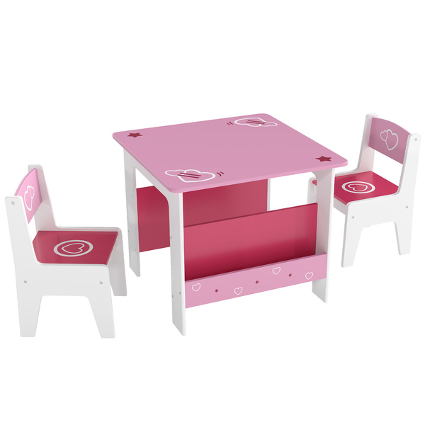 AIYAPLAY 3 Pieces Kids Table and Chair Set, Toddler Activity Table with Bookshelves, for Living Room, Nursery, Playroom, Pink