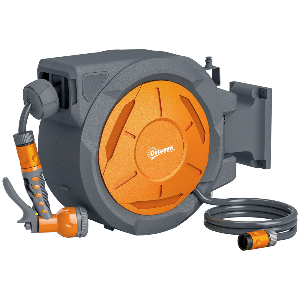 Outsunny Retractable Hose Reel Wall Mounted, 30+2m Garden Hose Pipe Reel with Lock, Auto Rewind, 7 in 1 Spray Nozzle, Includes Wall Fixings, 180° Swivel, Outdoor Watering, 59 x 23 x 42 cm, Orange