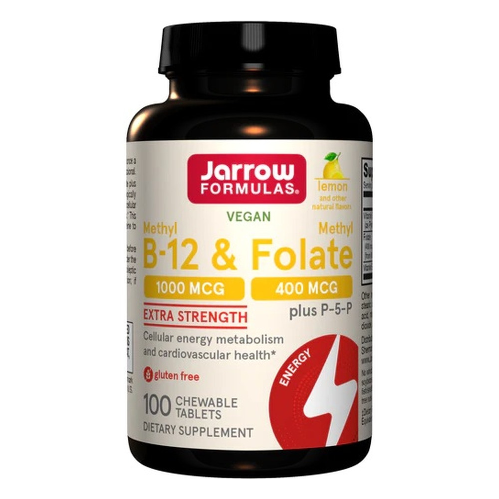 Jarrow Formulas Methyl B-12 and Methyl Folate with P-5-P Lemon Flavour for Energy and Nervous System Support 100 Chewable Tablets