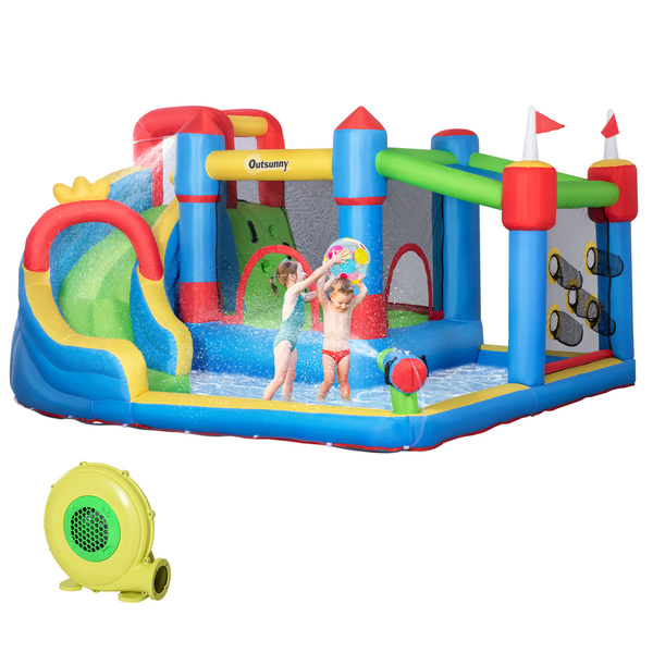 Outsunny 6 in 1 Kids Bouncy Castle, with Water Slide, Water Gun, Climbing Wall, Air Blower for Indoors/Outdoors, 3.9 x 3 x 2m
