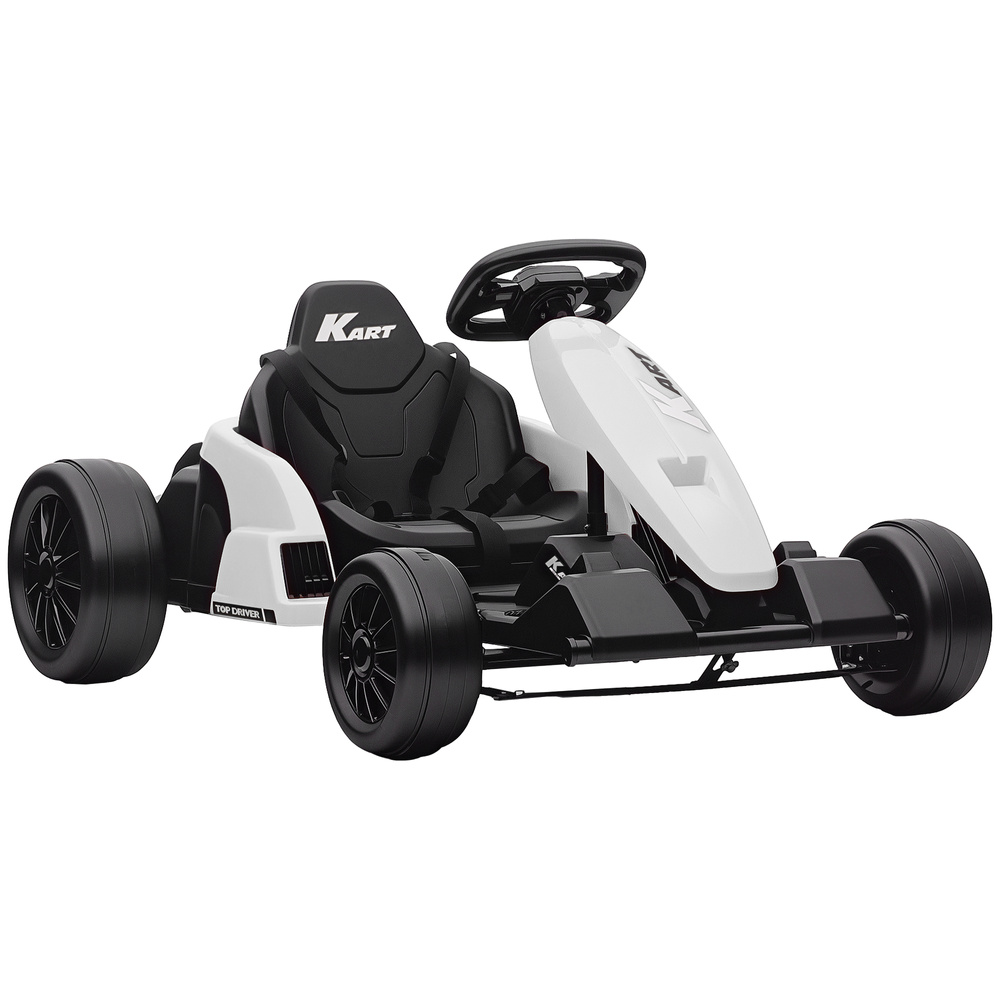 AIYAPLAY 24V Electric Go Kart, Drift Kart with Adjustable Seat, Slow Start, 5-Point Harness, Music, Horn, for 6-12 Years, White