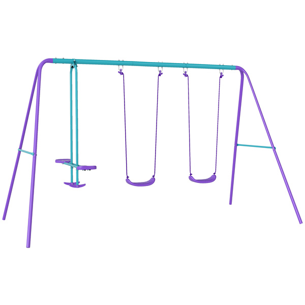 Outsunny Metal Swing Set, with Seesaw, Adjustable Height, for Ages 3+ Years, Purple