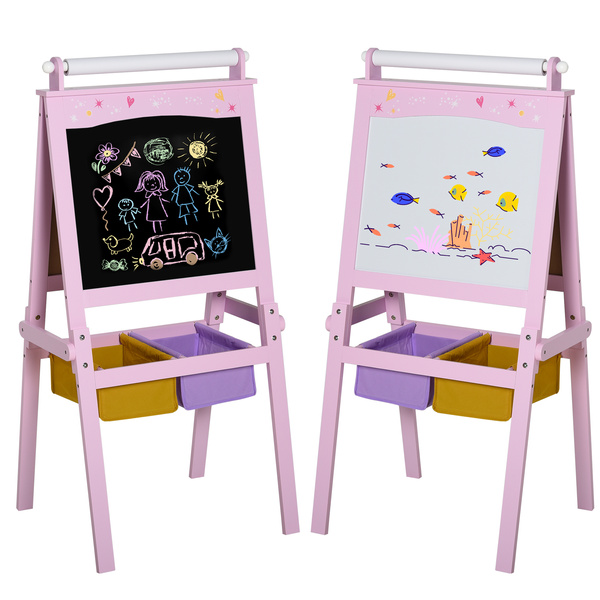 HOMCOM Kids Easel 3 in 1 Wooden Art Easel with Paper Roll Double-Sided Chalkboard & Whiteboard with Storage Baskets for Toddler Girls, Pink