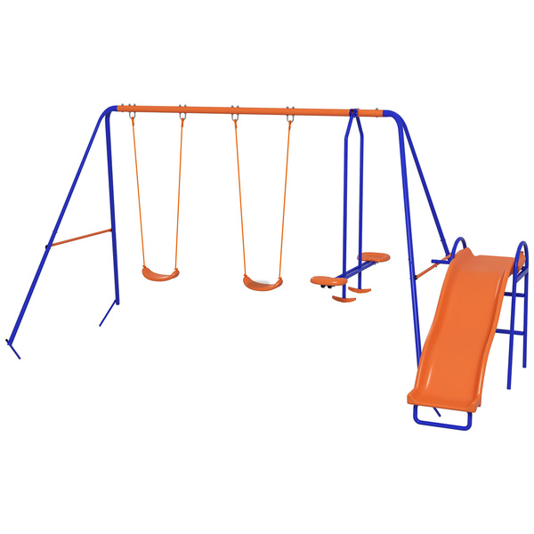 Outsunny Four-In-One Metal Garden Swing Set, with Double Swings, Glider, Slider, Ladder - Orange and Blue