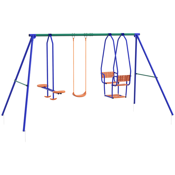 Outsunny Three-In-One Kids Metal Swing Set with Swing, Glider, Rocking Chair Swing, for Ages 3+ years - Orange and Blue