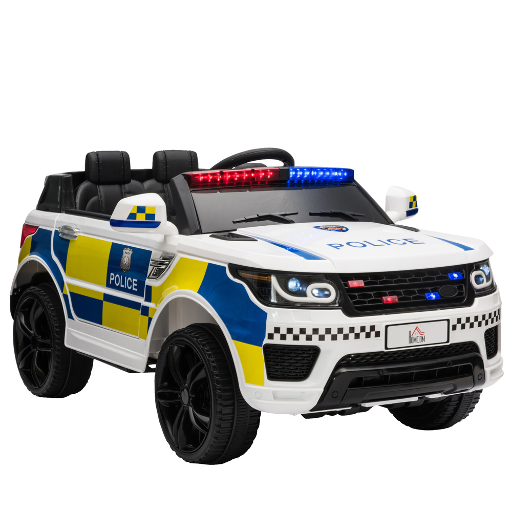 HOMCOM 12V Electric Car for Kids, Ride on Police Car with 2 Motors, Remote Control, Siren Flashing Lights, Suspension, USB, Auxiliary Wheels, Pull handle, for 3-6 Years, White