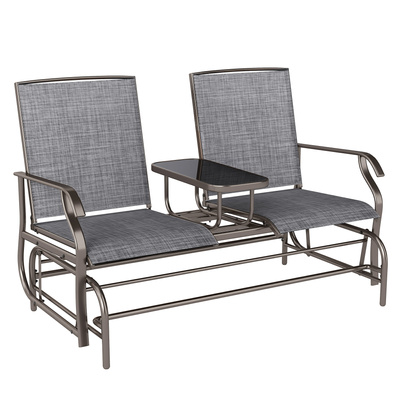 Outsunny 2 Seats Garden Glider Bench, Metal Frame Loveseat with Glass Top Centre Table, Porch Rocking Glider for 2 Person, for Deck, Patio, Brown/ Grey