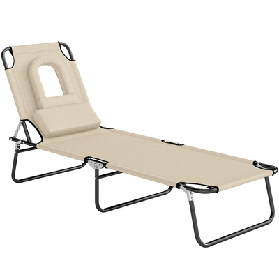 Outsunny Folding Sun Lounger with Face Hole, 4-Position Adjustable Backrest Garden Recliner Chair Sunbed, Outdoor Lounge Chair with 600 D Oxford Cloth Seat, Pillow for Beach, Beige