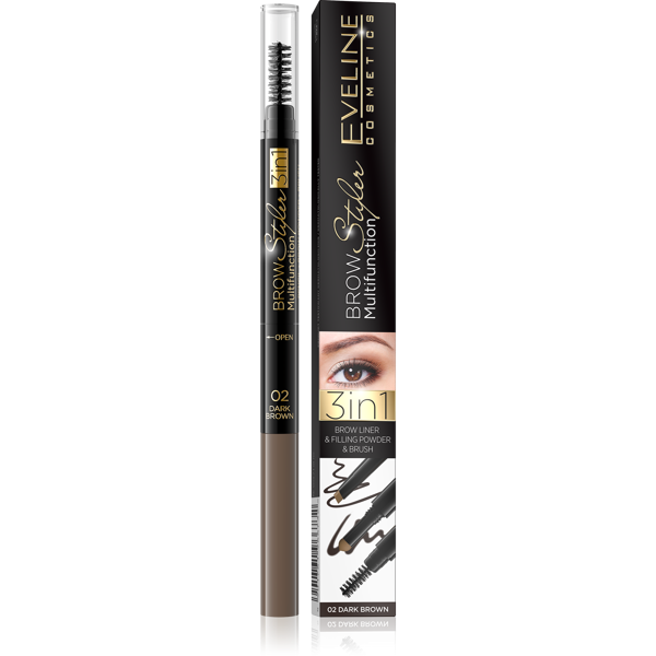 Eveline Brow Styler Multifunction Brow Liner 3in1 Eyebrow Pencil 02 Dark Brown 1 Piece