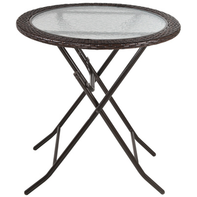 Outsunny Folding Rattan Garden Dining Table, 68 cm Round Rattan Garden Table with Water Ripple Tempered Glass Top, Wicker Edging  and Steel Frame for Outdoor, Patio, Brown