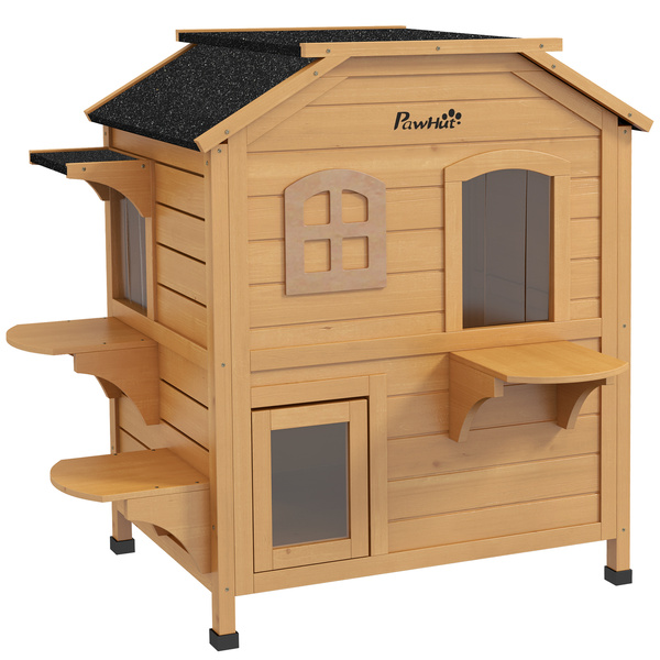PawHut 2-story Cat House Outdoor, Weatherproof Wooden Cat Enclosure for Feral Cats with Escape Door, Openable Roof, Jumping Platforms, Natural Wood Finish