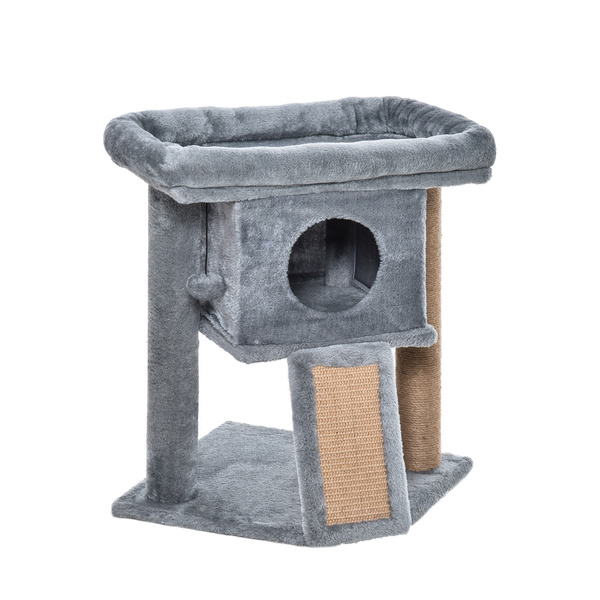 PawHut Cat Tree Tower for Indoor Cats Cat Scratching Post Climbing Activity Centre w/Jute Scratching Pad, Toy Ball, Cat House - Grey