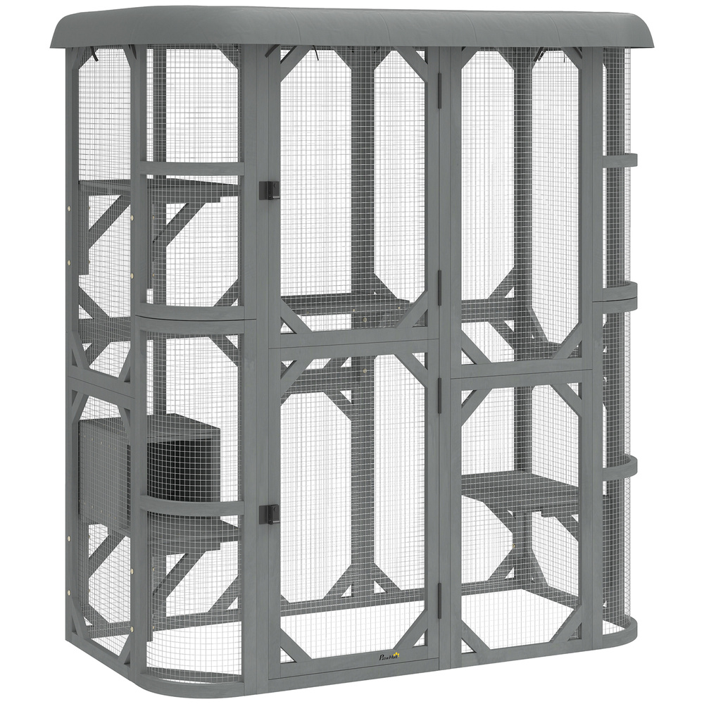 PawHut Catio Outdoor Cat Enclosure, Wooden Cat House with Platforms, Condo and Waterproof Cover for 2–3 Kittens, Grey