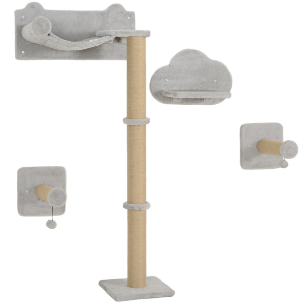 PawHut 4-Piece Cat Shelves w/ Scratching Post, Steps, Jumping Platform, Ladder, Toy Balls, for Indoor Cats, Light Grey