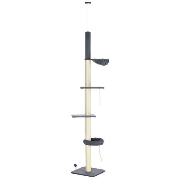 PawHut 240-270cm Floor-To-Ceiling Cat Tree, 5 Tier Cat Climbing Tower, with Bed, Hammock, Platforms, Dark Grey and Cream