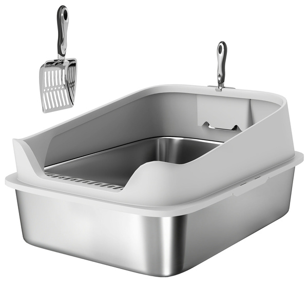 PawHut XXL Stainless Steel Cat Litter Box with High Sides, Metal Scoop, 70 x 50 x 30 cm