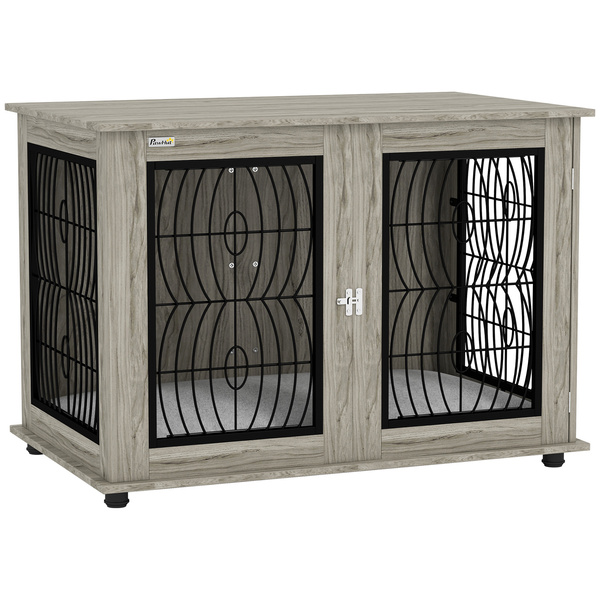 PawHut 46.46'' Dog Crate Furniture Table with Soft Washable Cushion and Lockable Door, for Large Indoor Dogs, Grey