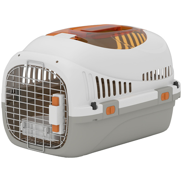 PawHut Plastic Pet Carrier Hard Shell Dog Cat Carrier Max 4 KG Steel Door Feed Bowl Secure Lock 49 x 32 x 31 cm