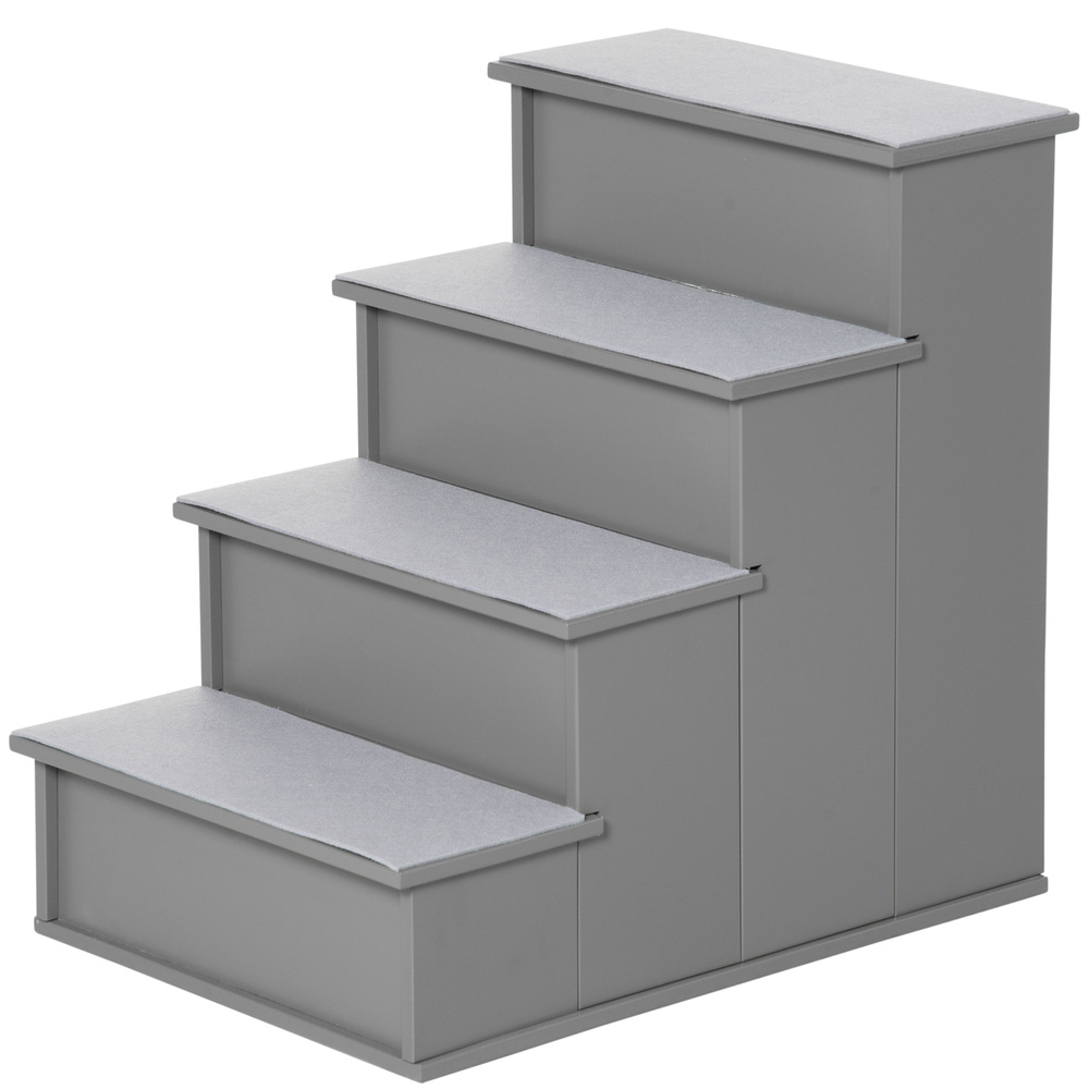 PawHut 4 Step Dog Steps for Bed, Wooden Dog Steps for Sofa, Pet Stairs for Bed Couch with Non-Slip Carpet for Cats and Puppies, 40 x 59 x 54.2 cm, Grey